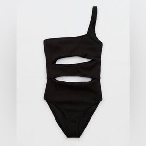 Aerie Black Textured One Piece Swimsuit